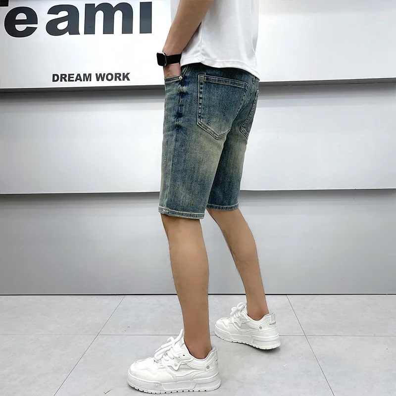 Thin-Style Blue Denim Shorts Men's High-End and Fashionable Slim Fit Stretch Retro Washed Casual Street Summer Pirate Shorts