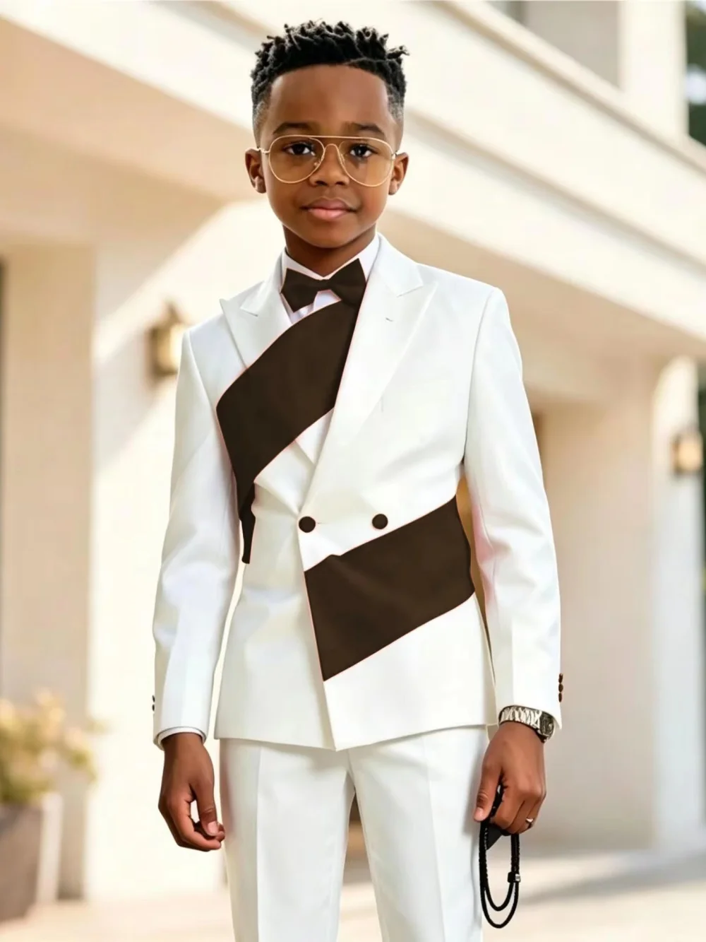 Boys White Red Patchwork Suit Set 2 Pieces Jacket Pants Wedding Ring Bearer Outfit Premium Double Breasted Kids Slim Fit Tuxedo