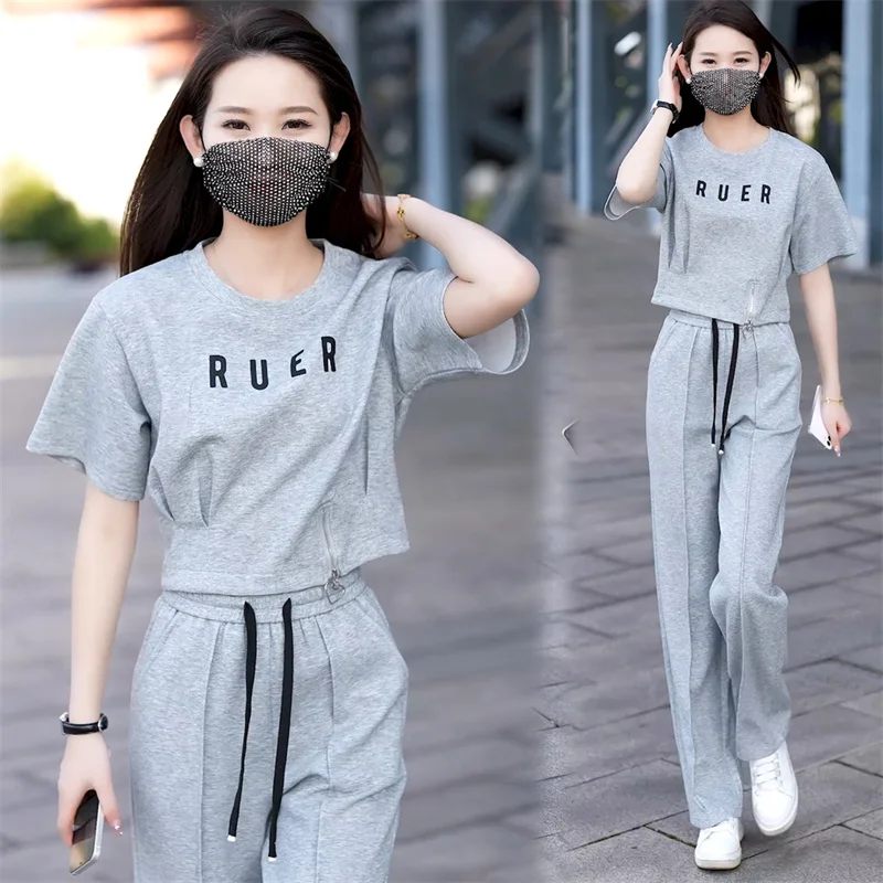 Faionable Sportswear Set Women's 2025 Summer New Korean Design Waist-Cinching Top Wide Leg Pants Two-Piece Set