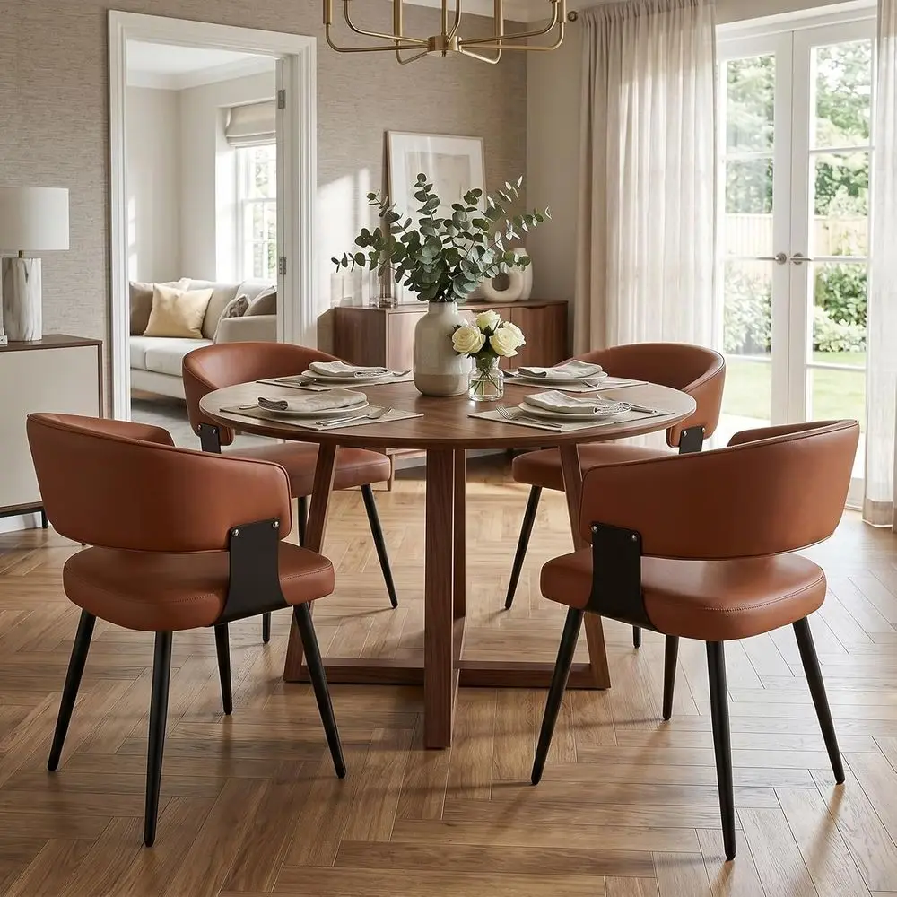 

Dining Chairs Set o 4, ern Upholstered PU Leather Kitchen & Dining Room Chairs with Curved Open Back Metal Legs, Kitchen Chairs