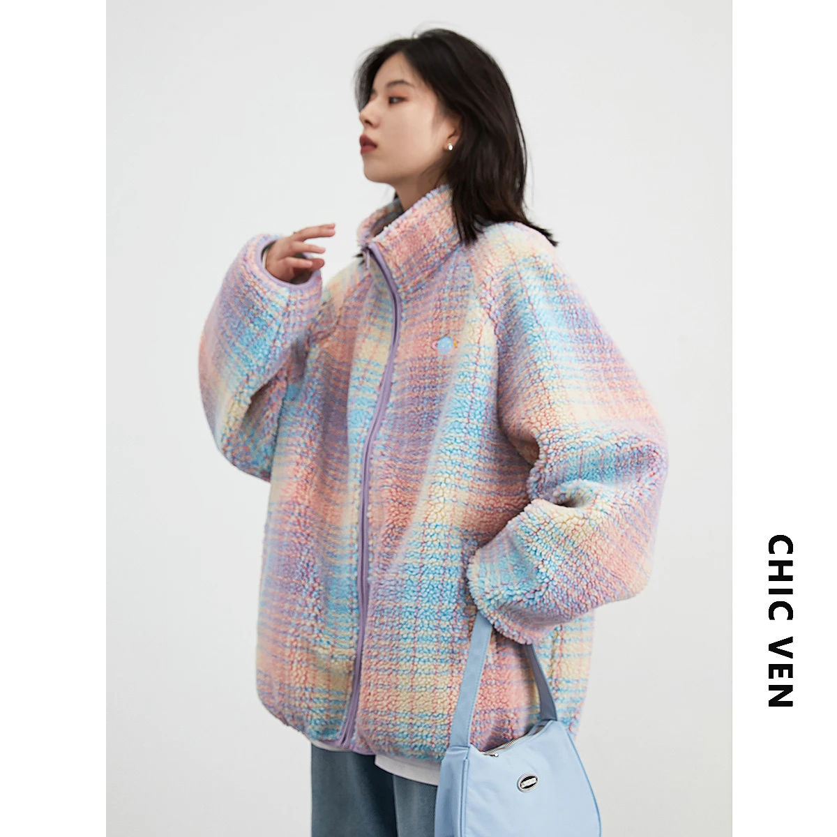 

Lazy Style Rainbow Stripe Tie Dyed Lamb Wool Jacket Autumn and Winter Women Loose Windbreak Warm Zipper Casual Versatile Jacket