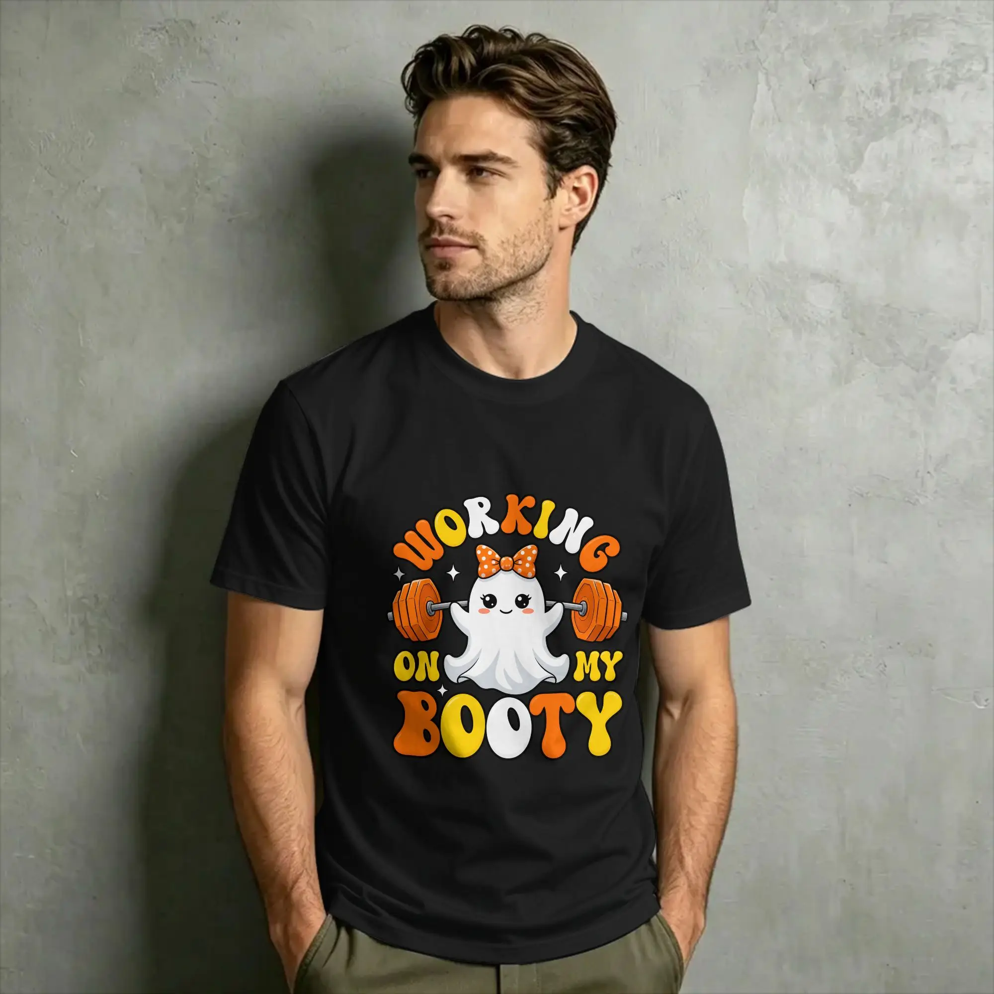 Men T-Shirts Halloween Working On My Booty Ghost Gym Fitness Casual Cotton Tees Short Sleeve  T Shirt Crewneck Clothes Summer