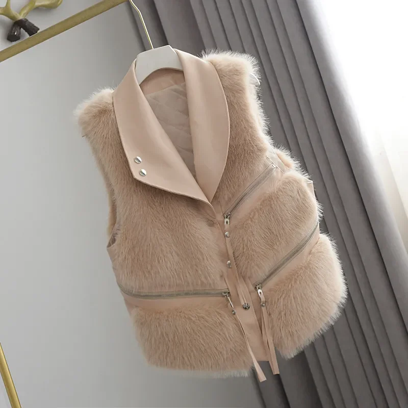 Fluffy Warm Faux Fur Waistcoat Jacket Women Street Splicing Sleeveless Loose PU Jackets Autumn Winter Fashion Thicken Lady Coat