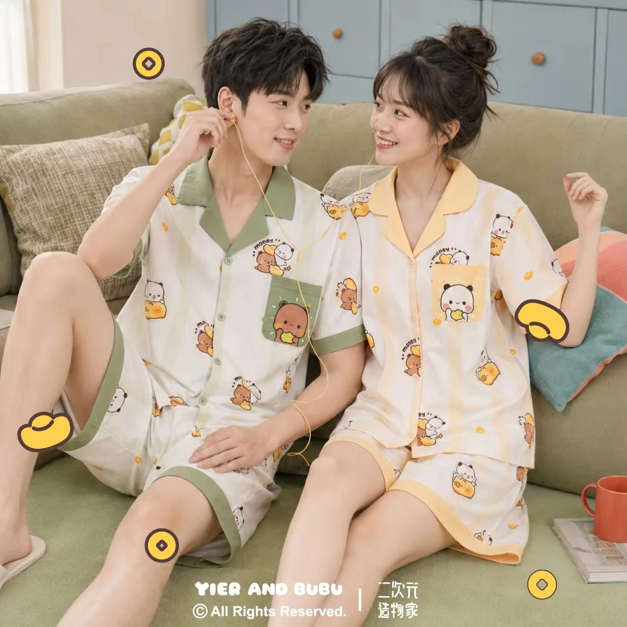 Pijamas de pareja Yier y Bubu, dibujos animados originales de Bubu y Dudu, ropa de verano de manga corta de algodón para el hogar, regalo de cumpleaños para mujeres y hombres
