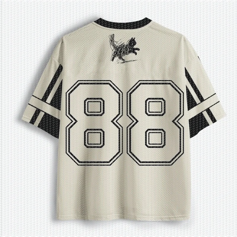 V-neck Sports Shirt Full Print Sketch Graffiti Cat Alphanumeric Pattern Short Sleeved Harajuku Street Football T-shirt