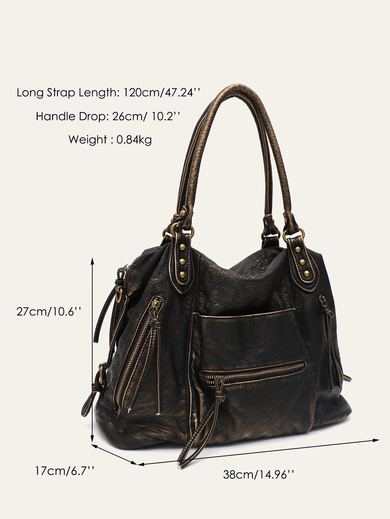 CR Vintage Distressed Rivet Punk Crossbody Shoulder Bag For Women Washed PU Oversized Tote Handbag Luxury Soft Commute Shoulder