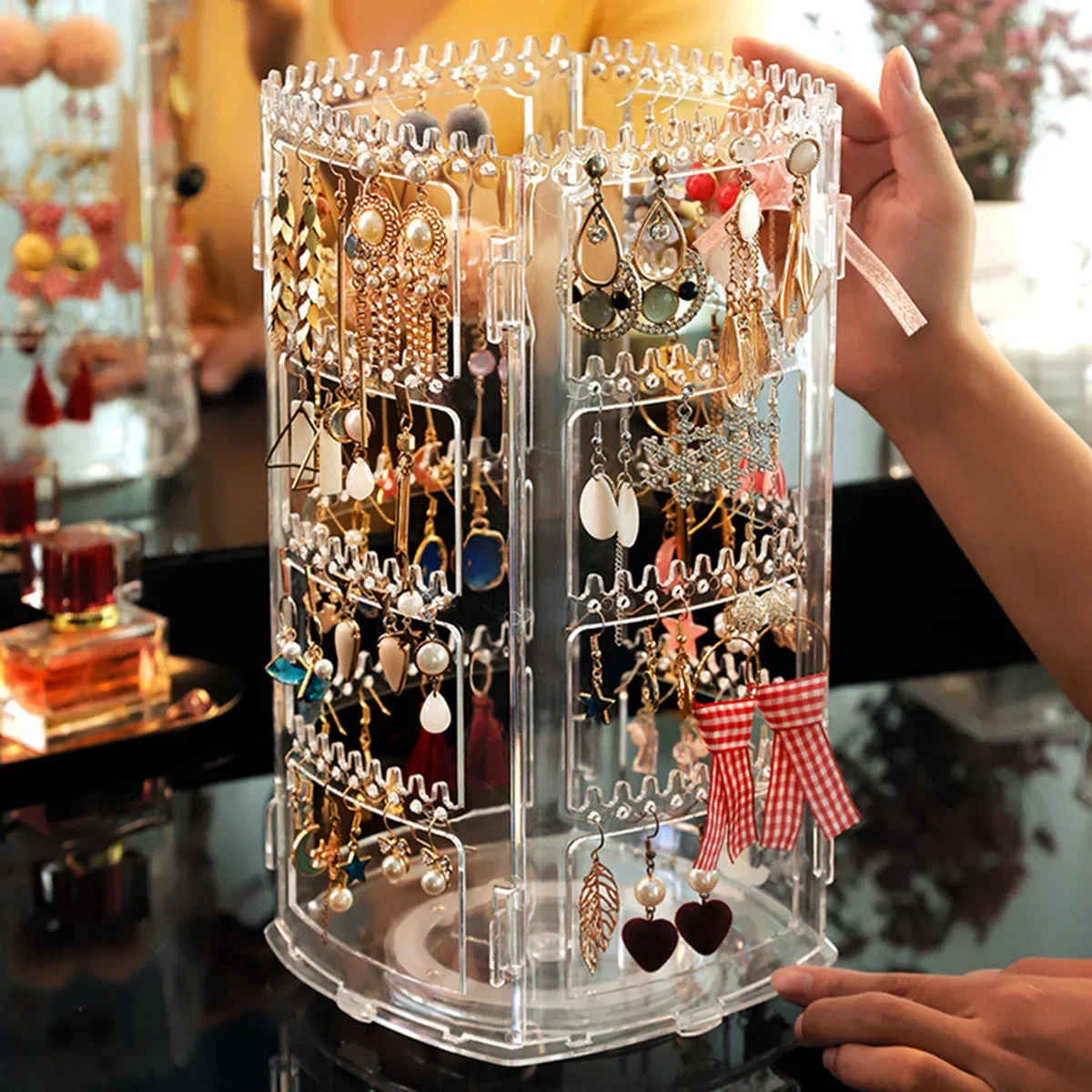 1Pcs Creative Rotating Jewelry Storage Box Earring Necklace Round Plastic Organizer Boxes Holder Display Rack For Women