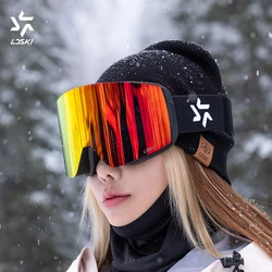 LDSKI occhiali da sci a doppio strato assorbimento magnetico protezione UV400 antiappannamento cilindrico donna uomo occhiali da snowboard occhiali