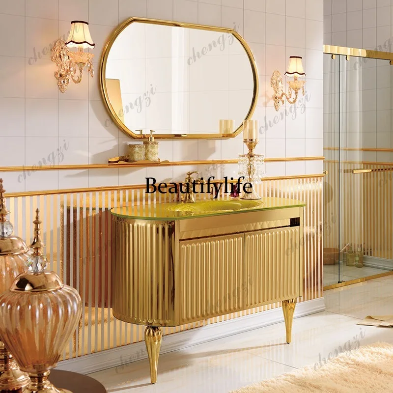 Gold wash basin, bathroom cabinet combination, American stainless steel wash basin, floor-to-ceiling hand wash basin