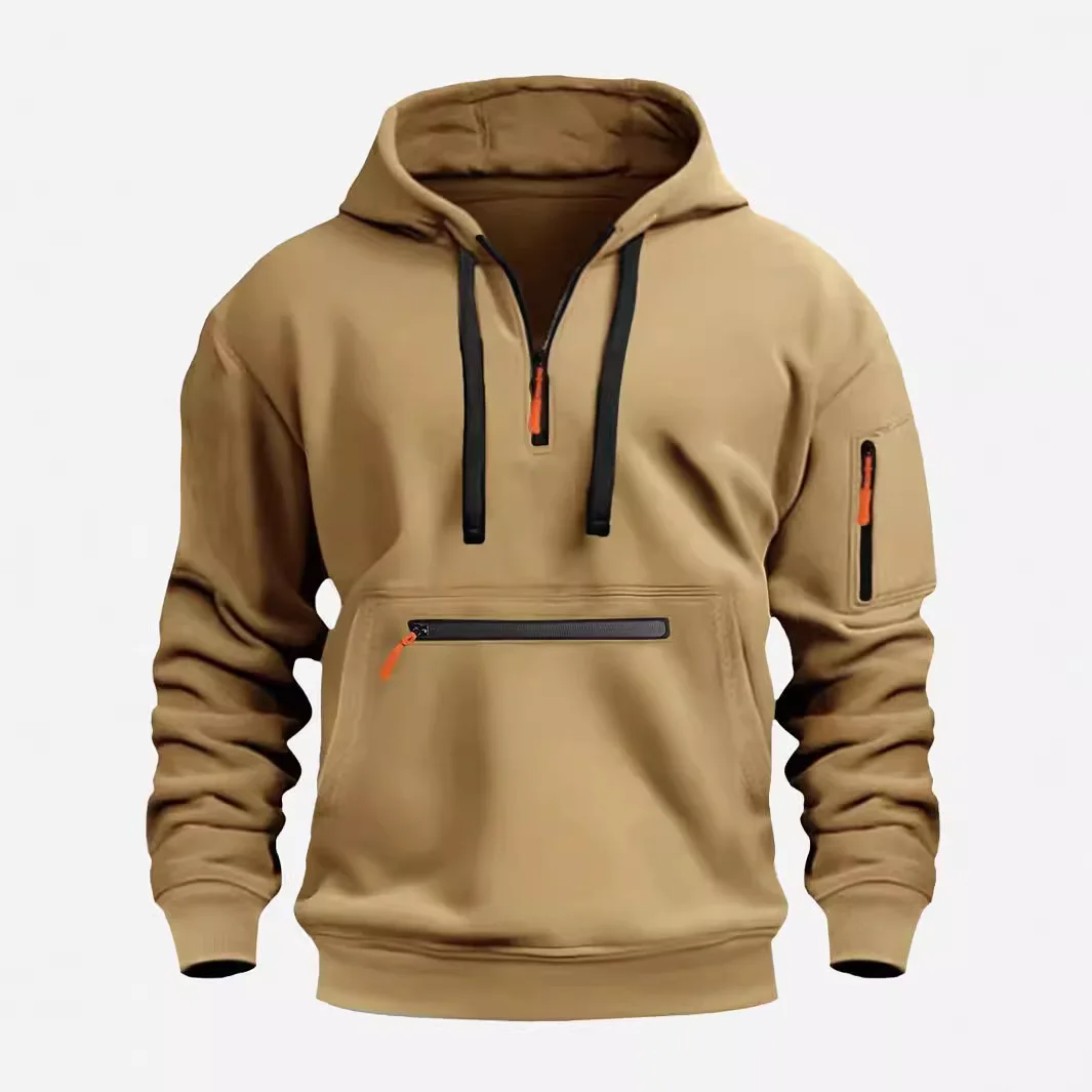 Men's solid color half zipper design long sleeved casual hooded sweatshirt with kangaroo bag, suitable for casual daily wear in