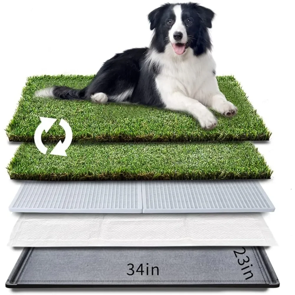 Dog Grass Pad with Tray Large Dog Litter Box Toilet 34”×23”,2×Artificial Grass for Dogs,Pee Pad, Realistic, Bite Resistance Turf