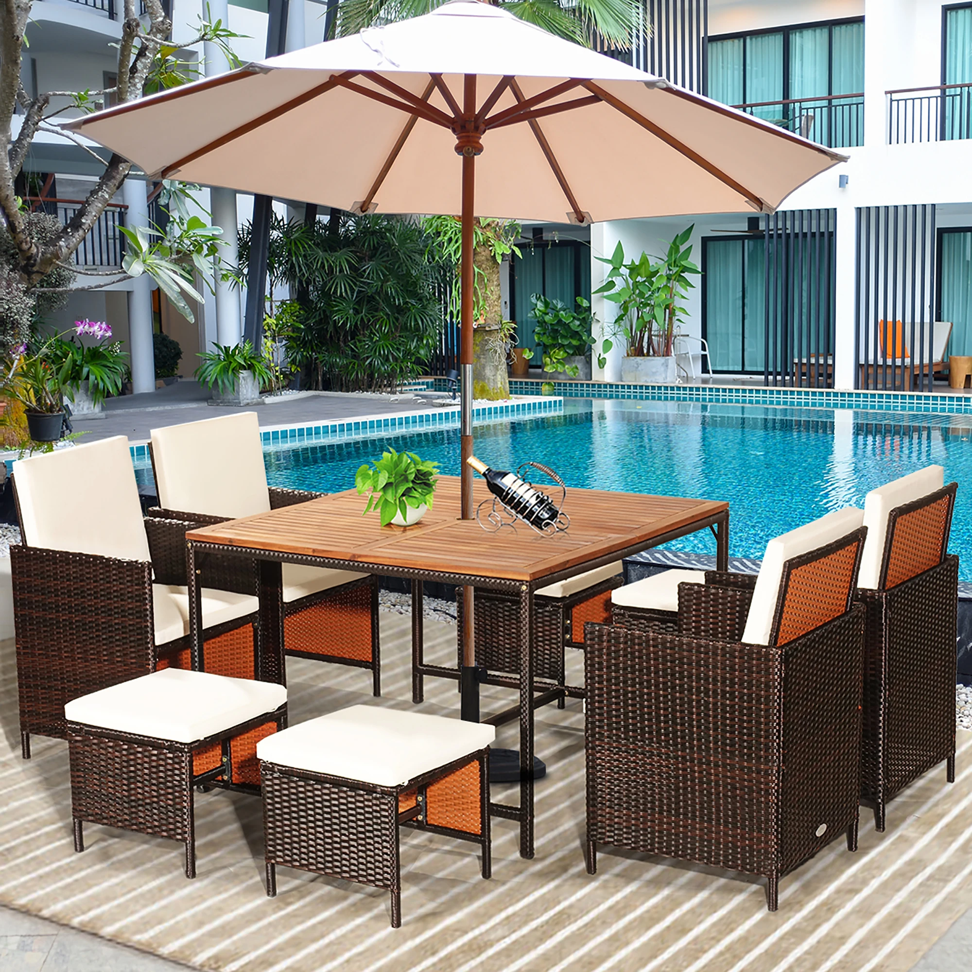 

9PCS Patio Rattan Dining Set Cushioned Chairs Ottoman Wood Table Top White