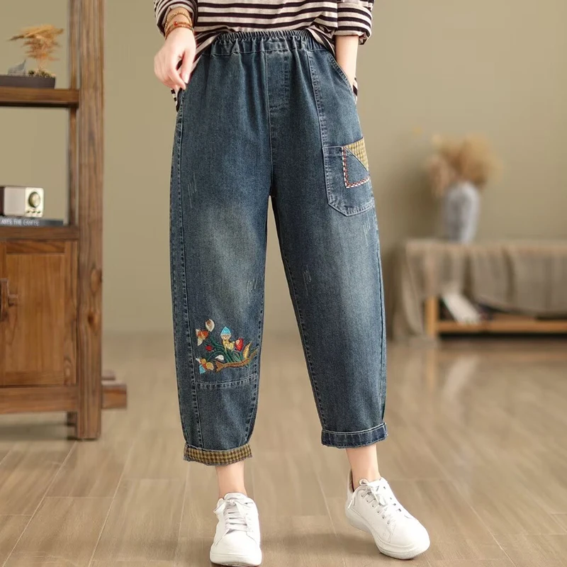 Spring Summer Women Floral Embroidery Elasticated Waist Skinny Jeans Casual Sweet Dark Blue Color Female Haren Pants U331