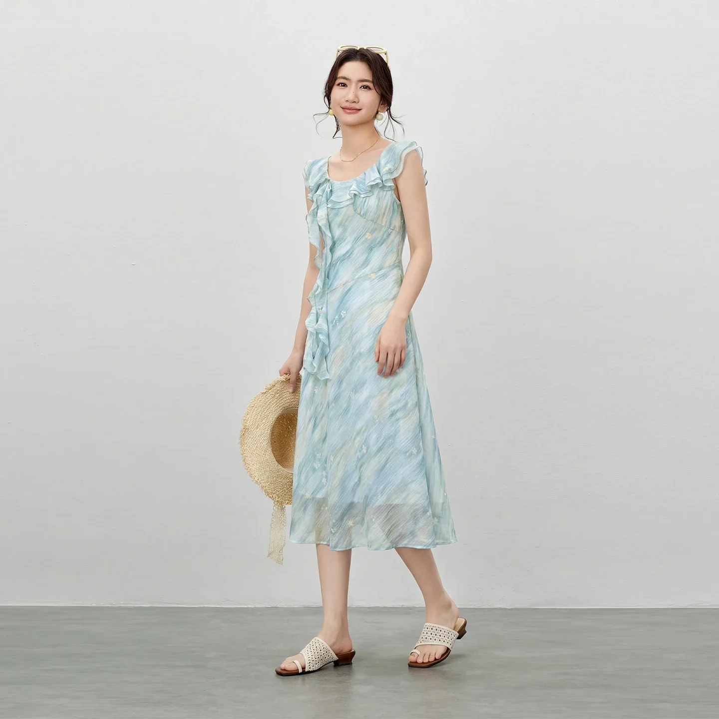 SENTUBILA Summer Lyocell Blend Printed Dresses for Women 2026 Watercolor Gradient Ruffled Sash Fitted Long Dress 162LI7263