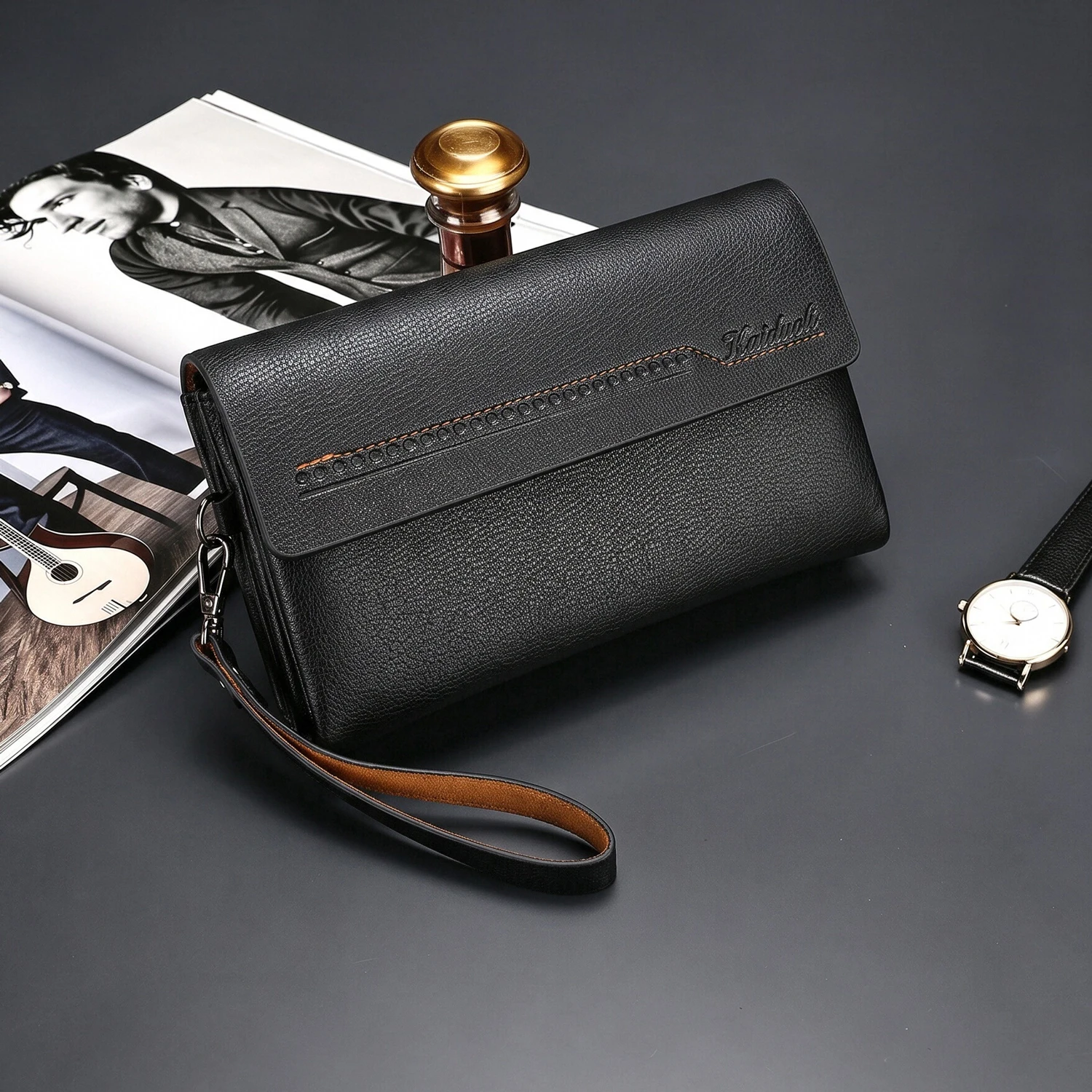 Men's PU Leather Long Clutch Wallet, Large Capacity Multi-Compartment Handbag with Wrist Strap, Magnetic Closure, Card Slots
