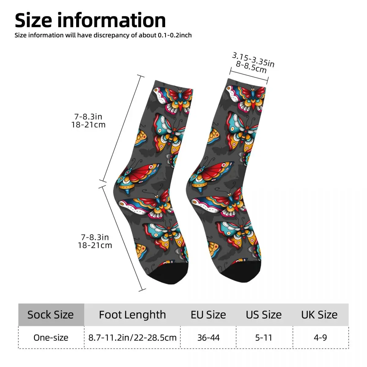 Funny Crazy Sock for Men Tattoo Butterflies Hip Hop Harajuku Seamless Pattern Printed Boys Crew Sock Casual Gift