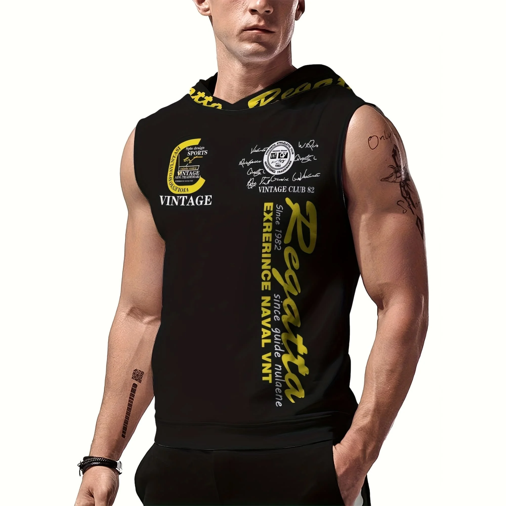 Herren Locker Sitzendes Kapuzen-Tanktop mit 3D-Digital-Buchstabendruck, Schnelltrocknendes Atmungsaktives Ärmelloses Hoodie für Wandern, Workout und Outdoor-Sport – Detail 4