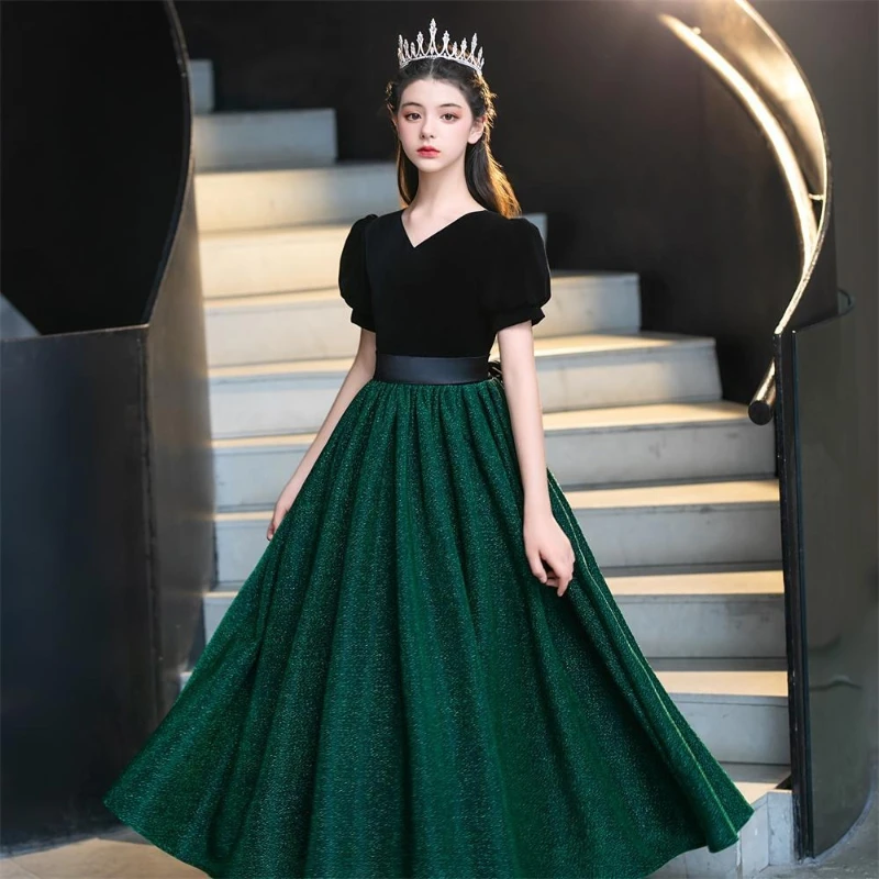 2026 Forest Green Kids Girls Piano Host Violin Recital Choir Performance Children Long Evening Gown Formal Celebration Dress
