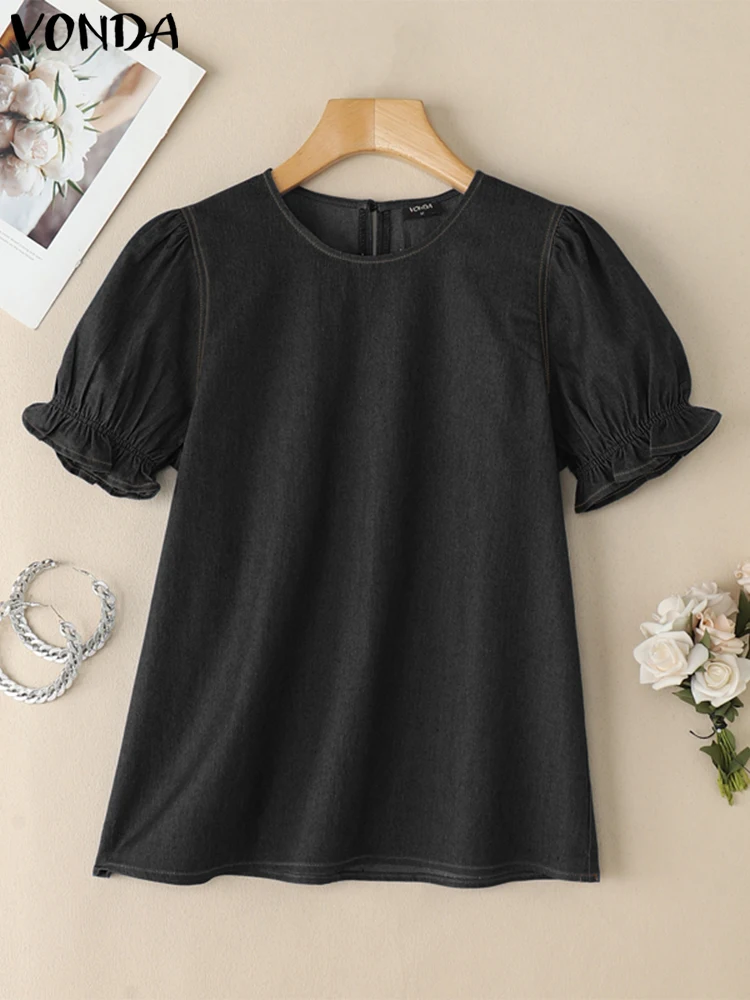 2025 Fashion Blouse VONDA Women Denim Summer Tunic Tops Elegant Short Puff Sleeve Shirts Casual Loose Solid Color Vintage Blusas