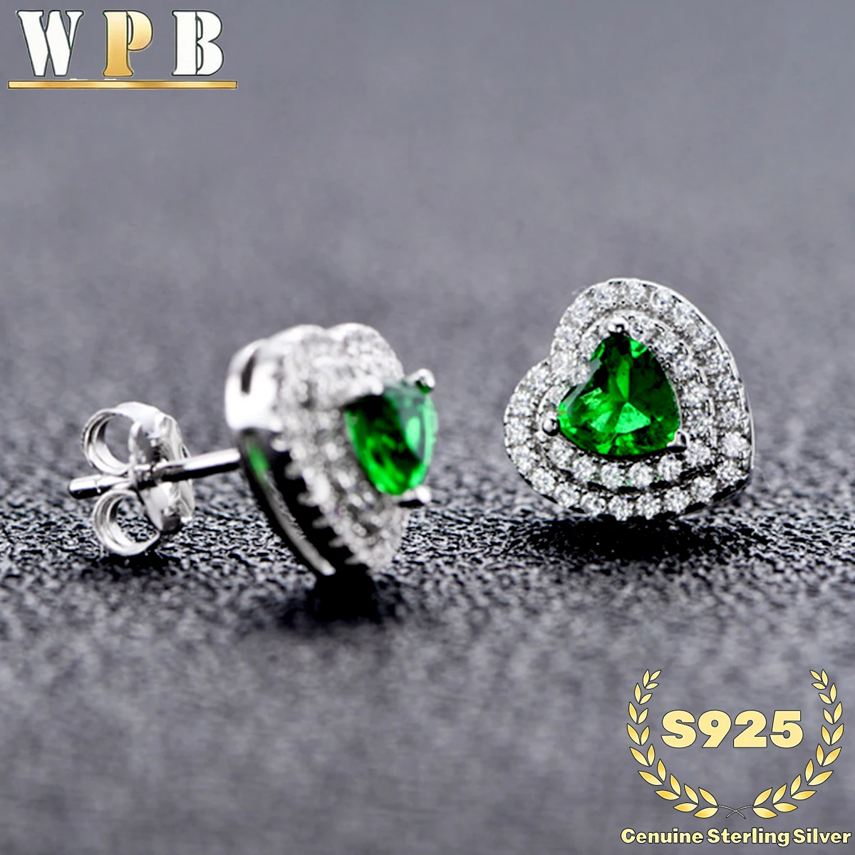 S925 Sterling Silver Stud Earrings Double Heart Green Zircon Halo Prong Setting for Women Valentine Gift Everyday Wear