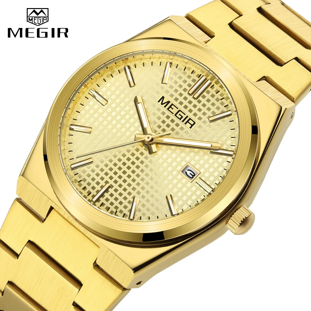 MEGIR Men Quartz Golden Watch Simple Fashion Leisure Fashion Business Clock   Stainless Steel Strap Date Wristwatch for Male