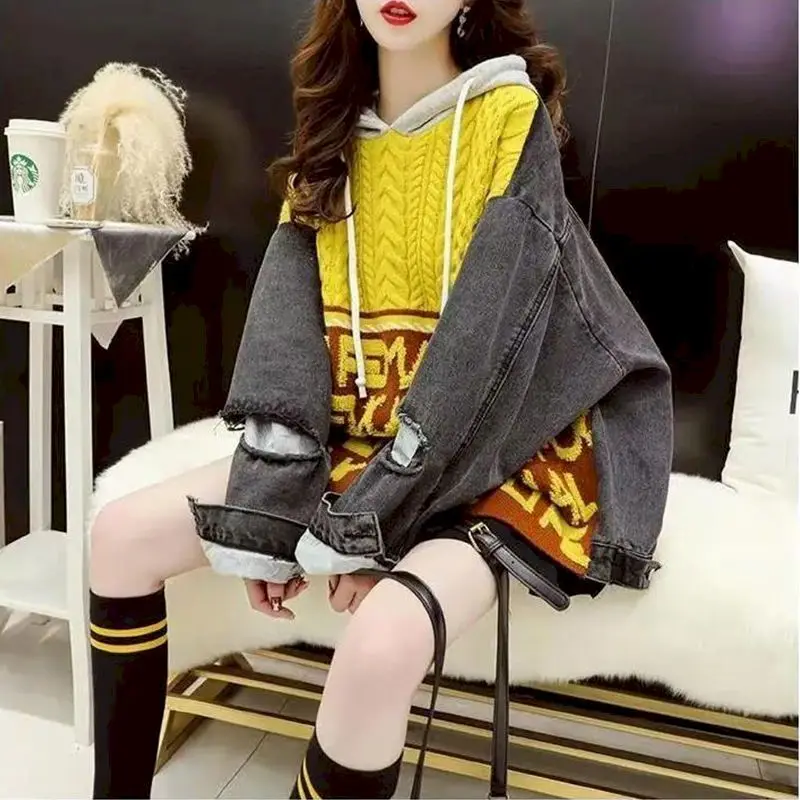 Sweat à capuche surdimensionné femmes mode à capuche Denim couture manteaux 2025 automne hiver tendance mi-longue vêtements chauds tricoté à capuche femme