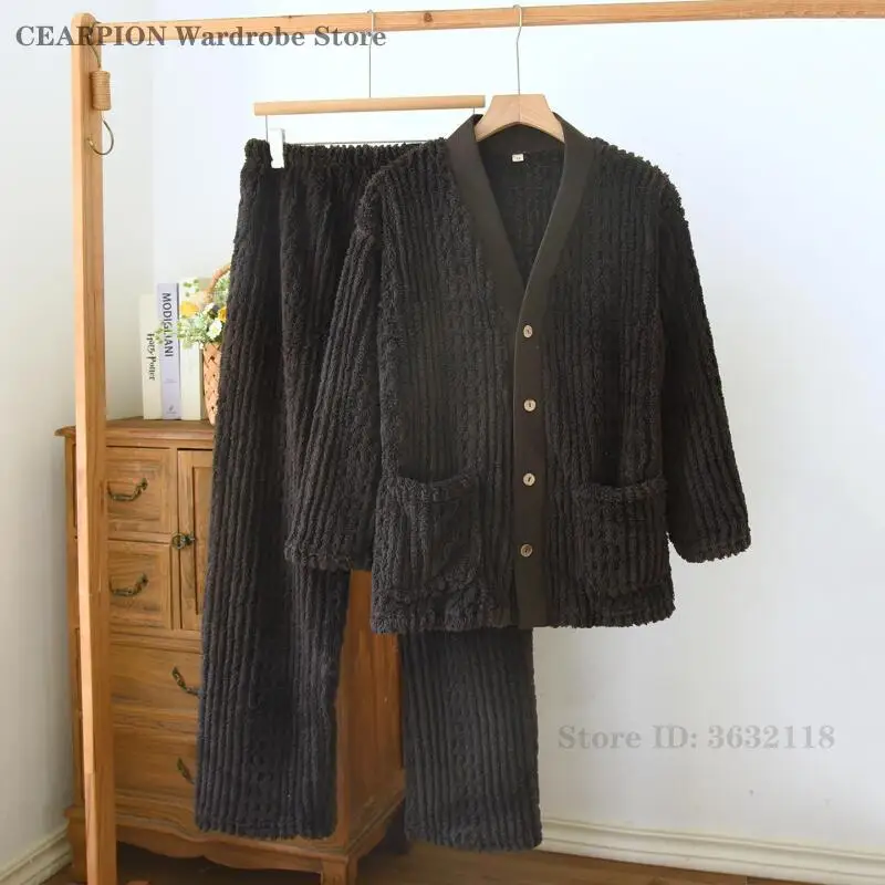 

Japanese Style 2Pcs Pajamas Set for Male Autumn Winter Sleepwear Thick Coral Fleece Long Sleeved Cardigan Trouser Suits Homewear