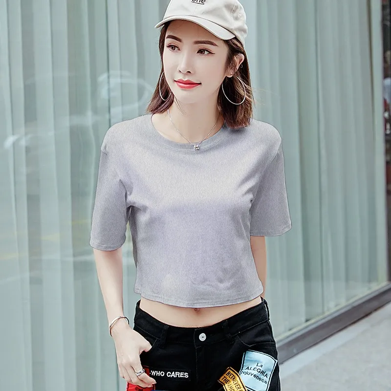 ファイオナブル レディース ルーズ ラウンドネック コットン Tシャツ へそ出し カラーベース シャツ スイート スタイル 春夏