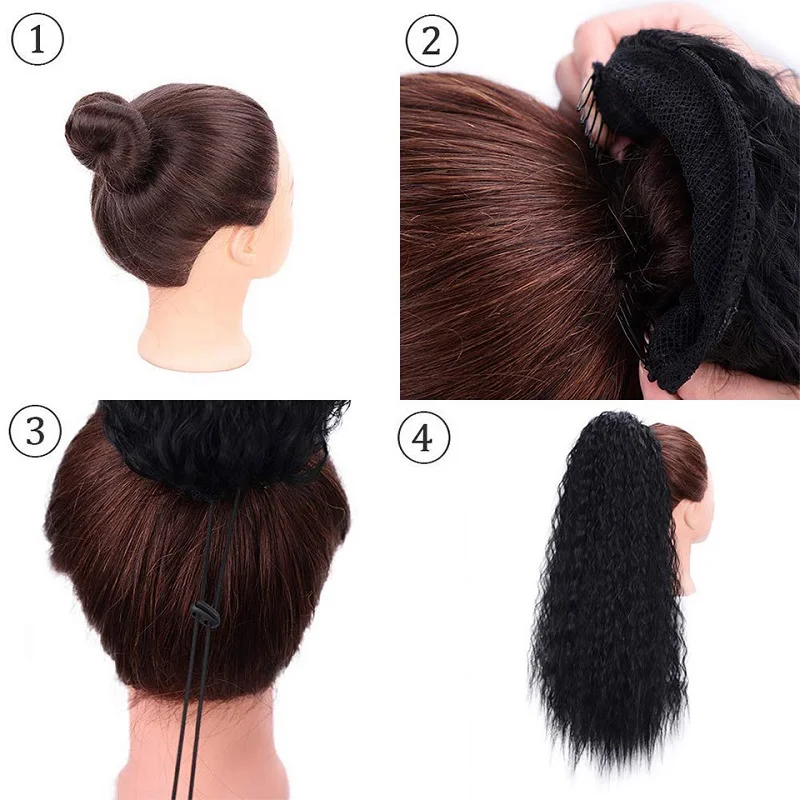 22Inch Synthetic Long Yaki Straight Ponytail Drawstring Clip in Hair Extension Fluffy Black Hair for Women