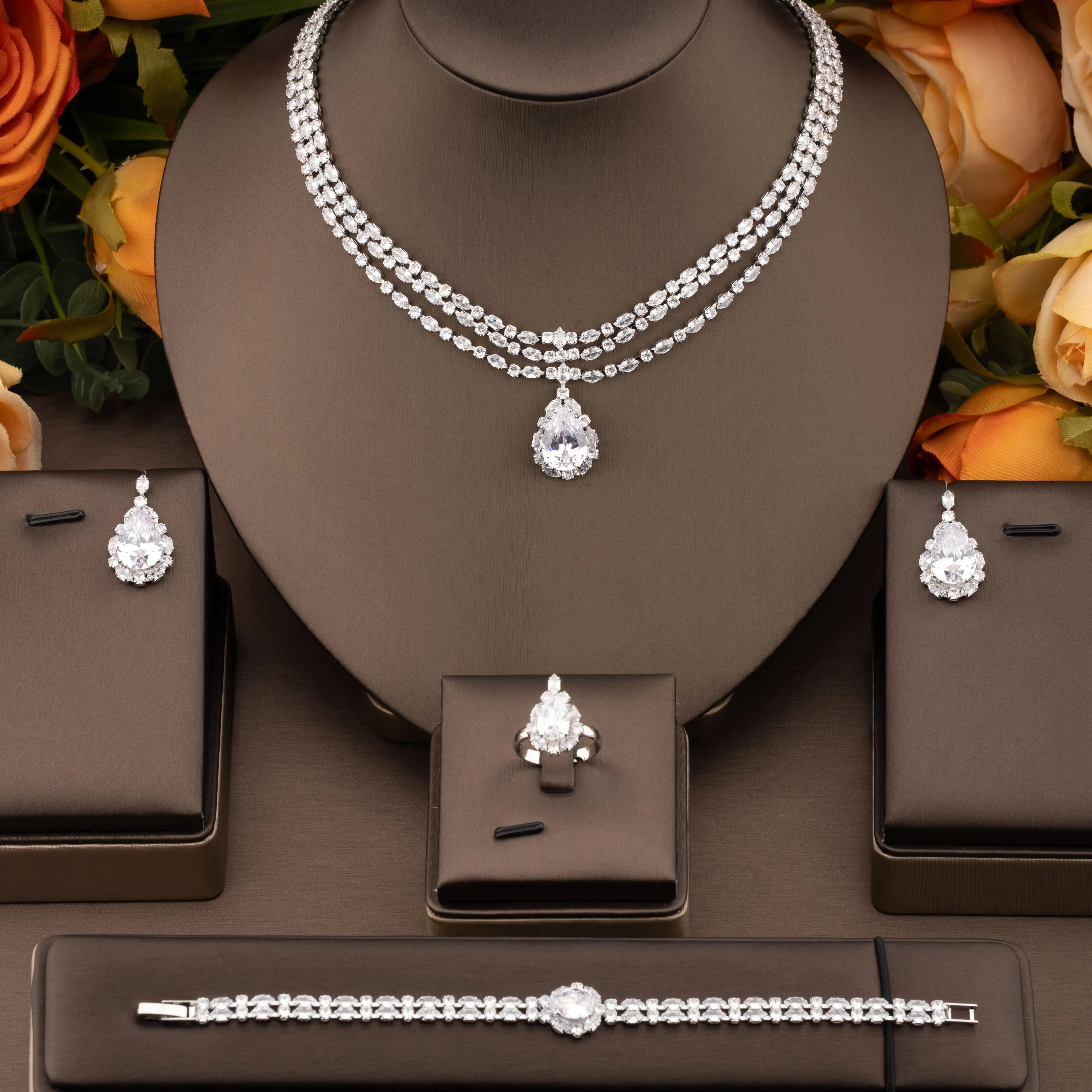 

1 Set of Luxurious and Elegant Jewelry Set with Sparkling Cubic Zirconia, Three-Layered Large Teardrop Design, Suitable for Wome