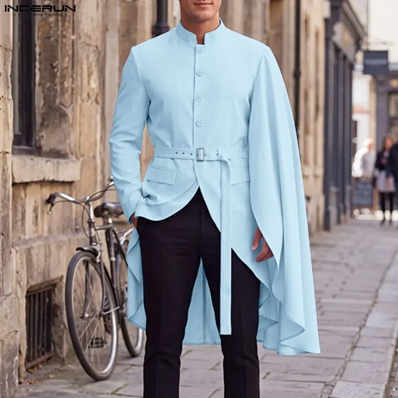 Spring Autumn Men's Irregular Blazer Solid Ruffle Stand Collar INCERUN Long Sleeve Male Suits Stylish Long Style Blazer For Man