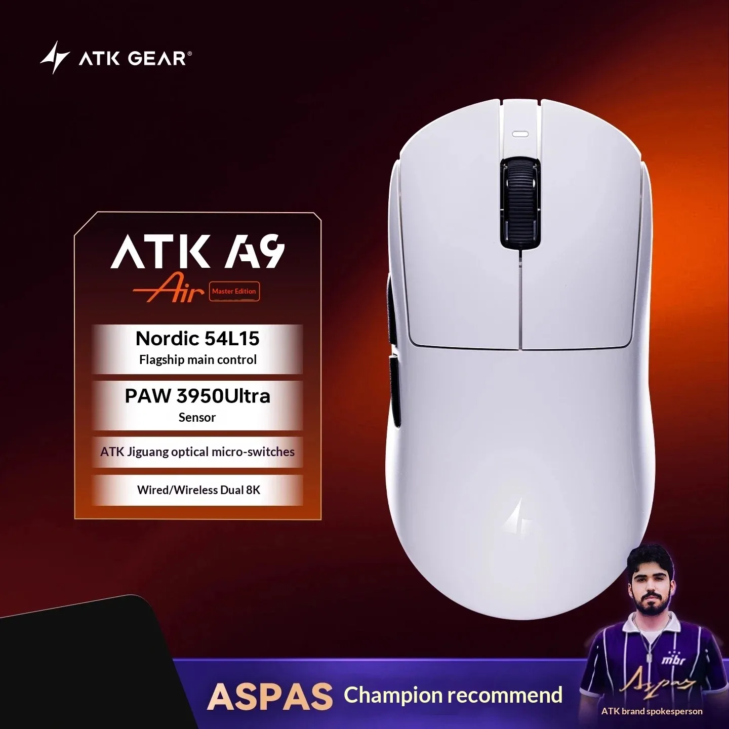 Ratón Inalámbrico Ergonómico para Juegos ATK A9 Air Ultimate, Sensor Ultra PAW3950, Dual 8K, 47g Ligero, 0.181ms de Baja Latencia para FPS