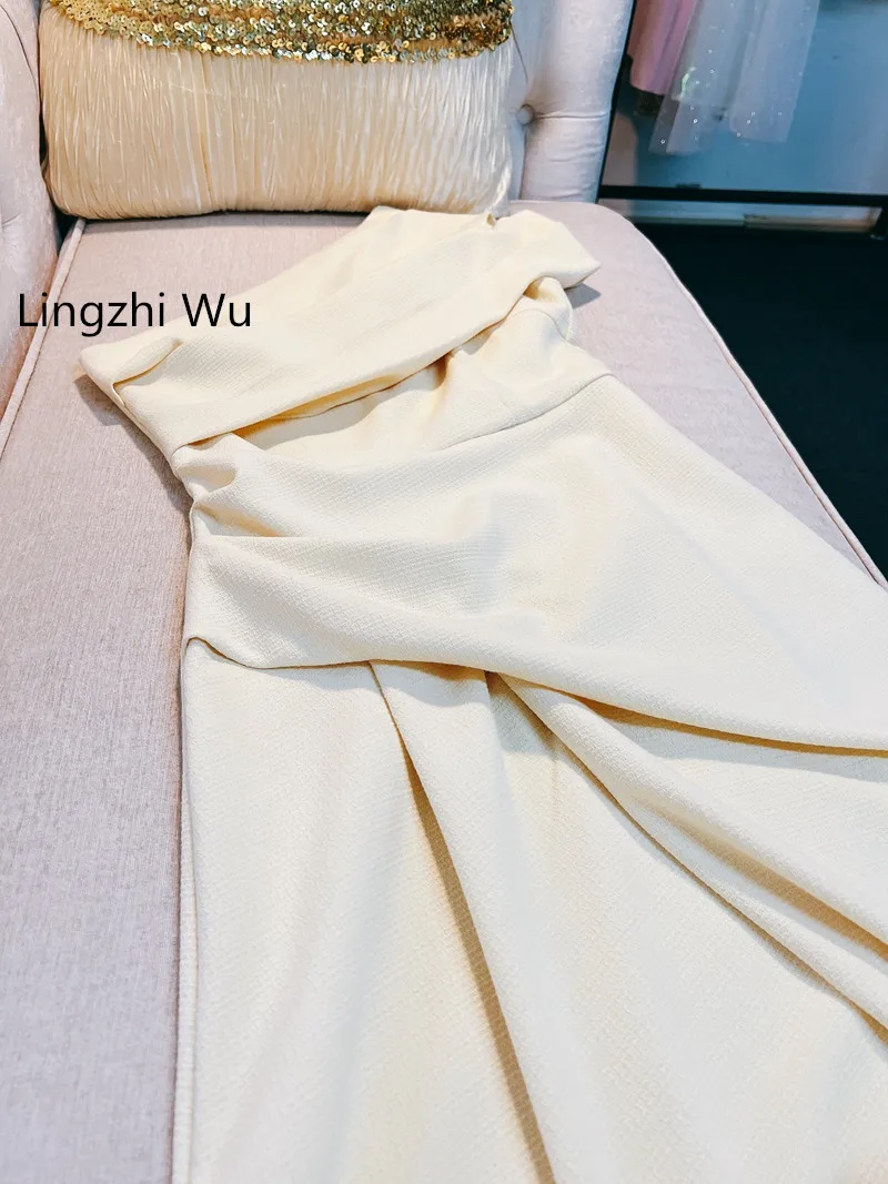 Lingzhi Wu-Diagonal Collar Dress for Ladies, Elegant Formal Dresses, High Waist Slit, French Design, Yellow, New Arrival