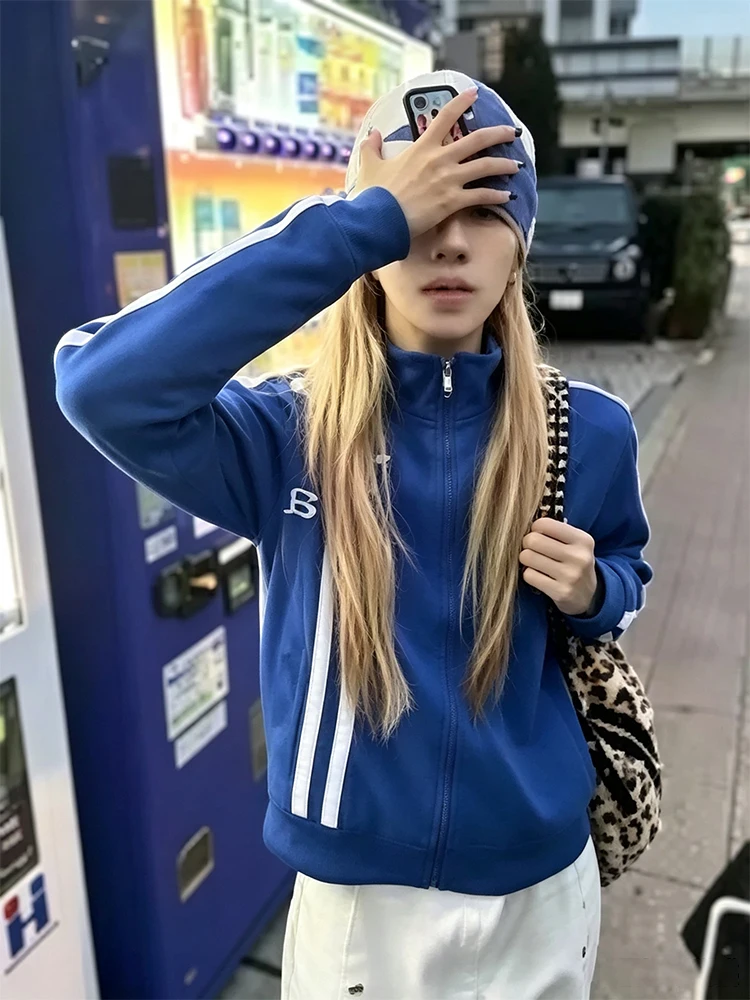 Retro Blue Striped Zipper Sports Jacket Men's Women's Letter Star Print Stand-Up Collar Casual Street Style