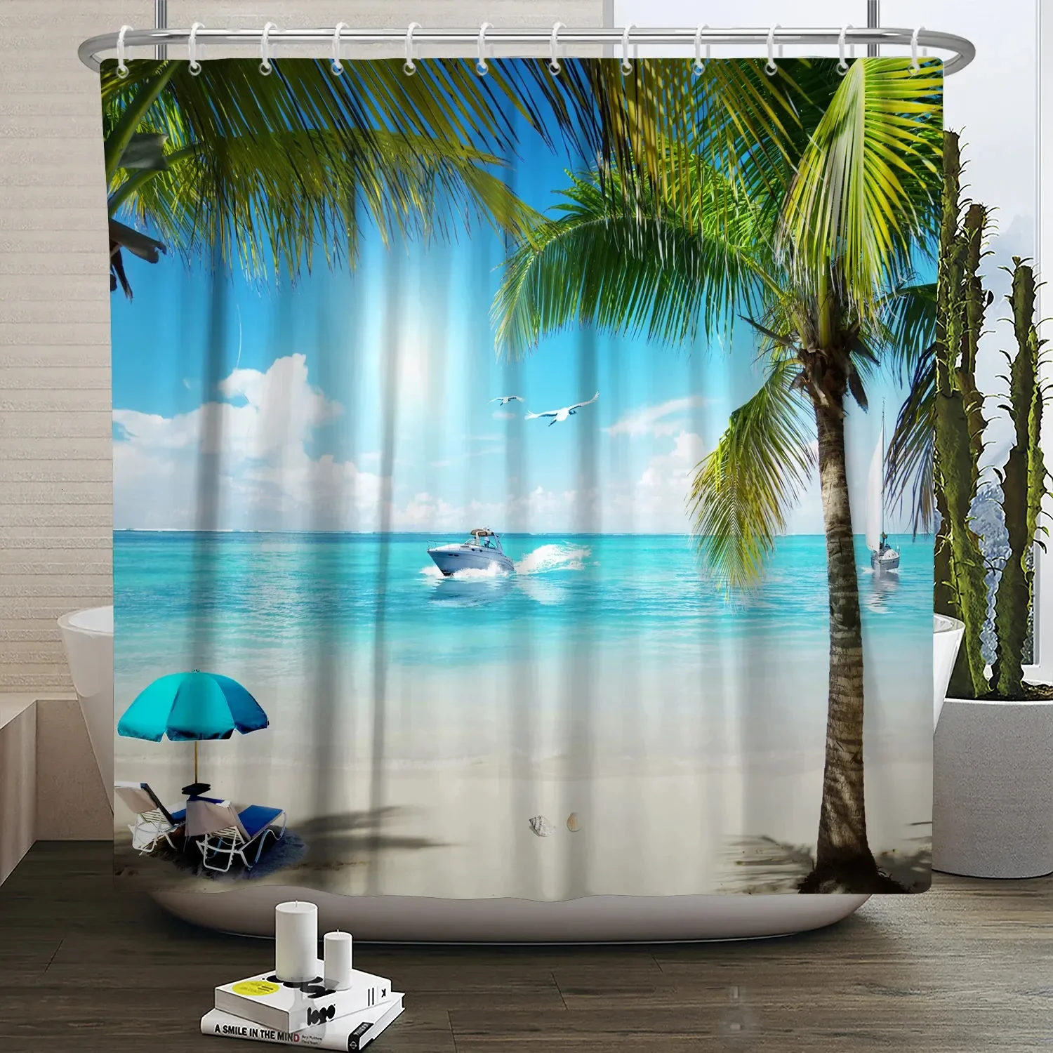

Tropical Beach Shower Curtain, Palm Tree & Ocean Scenery Print, Waterproof Polyester Bathroom Curtain with Hooks
