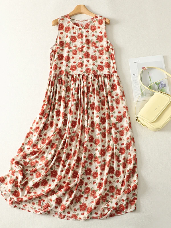 

Retro Floral Print Loose Summer Dress Beach Vacation Casual Long Skirt Elegant Ageless Vest Dress Women's plus Size Gown