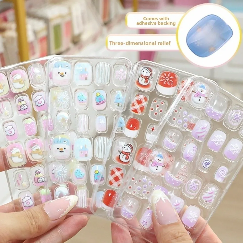 Flocon de neige bonhomme de neige enfants noël faux ongles lapin fleur nœud papillon enfants dessin animé faux ongles presse sur ongles court carré en forme