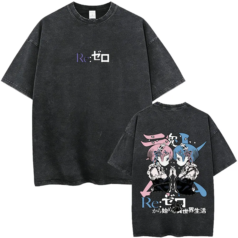 Cute Ram Rem Graphic T Shirt Washed Vintage Anime Re:ZERO Starting Life in Another World T-shirt Men Women Manga Retro T-shirts