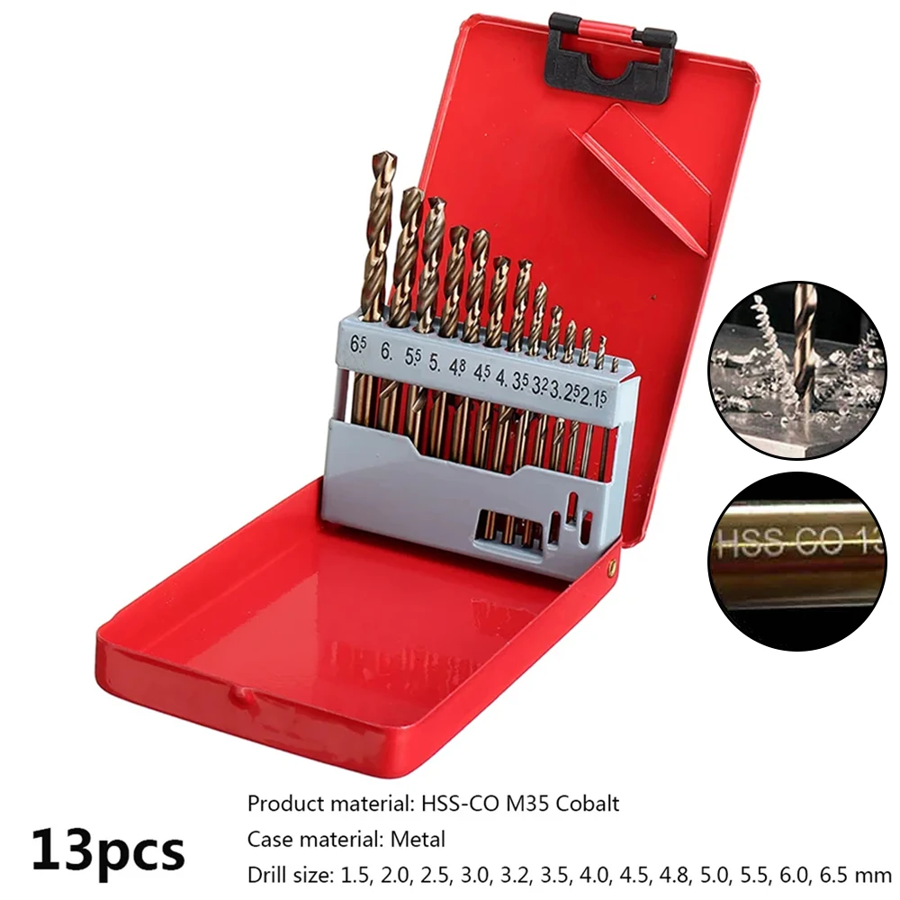 13Pcs M35 HSS-Co 5% Cobalt Twist Drill Bits,Round Shank Drill Bit Set&Iron Box for Wood,Metal Stainless Steel,Driling Hole Tools