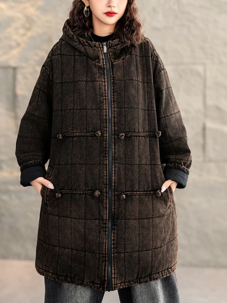 Max LuLu Winter Chinesische Damen Plaid Denim Gepolsterte Jeacke Vintage Warme Klassische Lose Parkas Mit Kapuze Casual Verdicken Große Größe Mäntel