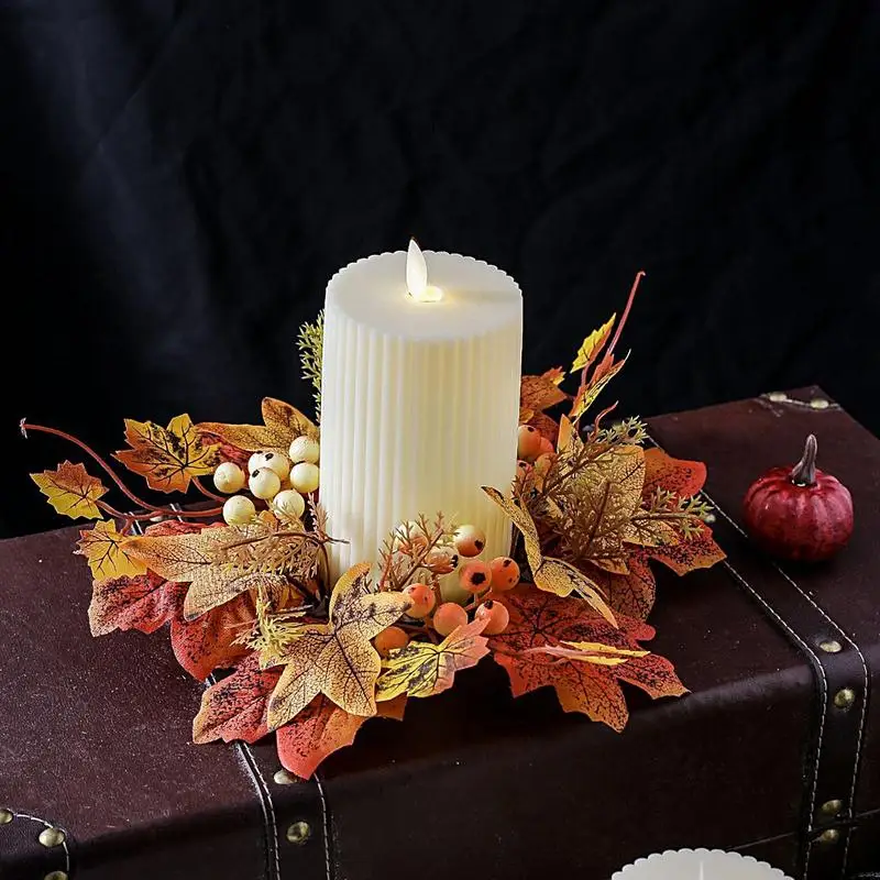 Fall Candle Ring Ring Holder Maple Leaves Wreath 9.8Inch Small Wreath Pillar Candle Holder Faux Kitchen Cabinet Wreaths Tabletop