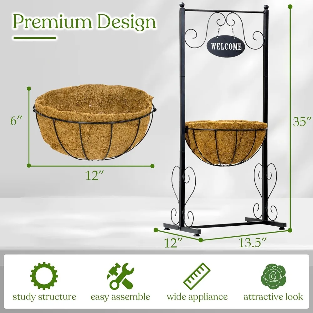 حامل سلة زراعة معدني أسود أنيق مع بطانة كوكو لديكور المنزل والحديقة والفناء والسطح #3