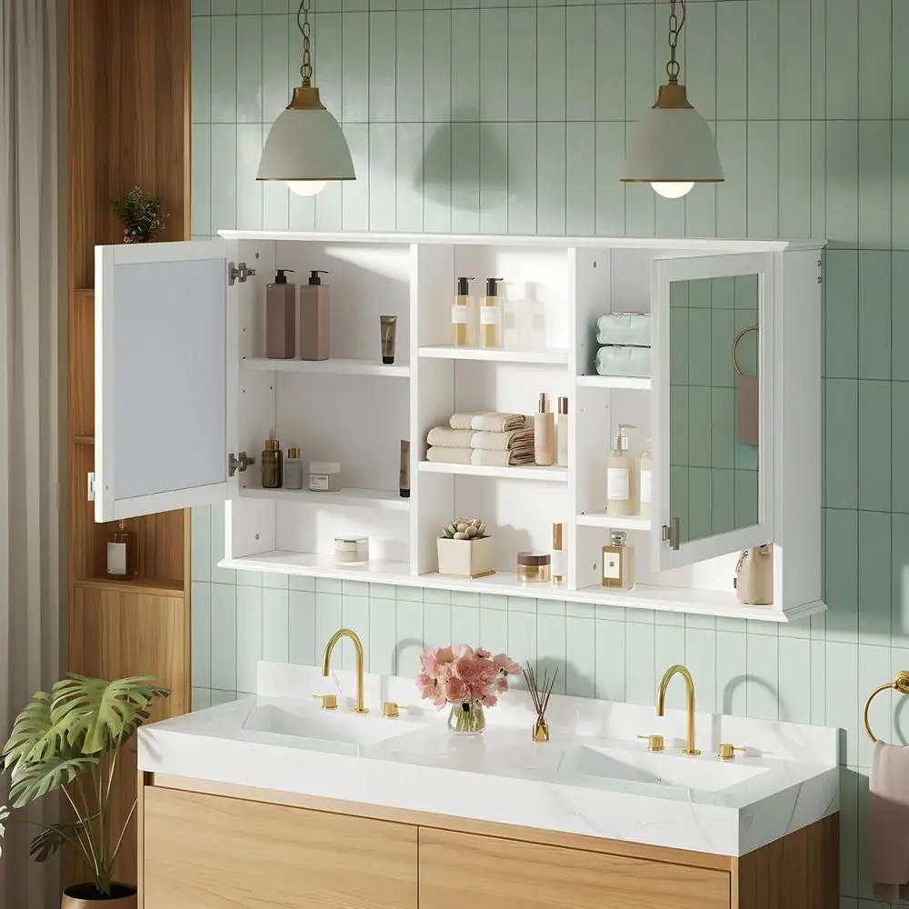 55"x28" Bathroom Medicine Cabinet with Mirror, Wall Mounted Bathroom Storage Organizer with 5 Open Shelves & Adjustable Interior view 3