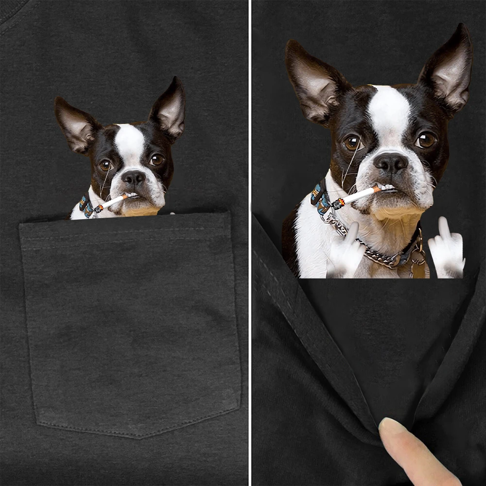 CLOOCL Animals Cotton T-Shirts French Bulldog Smoking Double Middle Finger Printed Pocket T-shirt Mens Women Short Sleeve Shirts