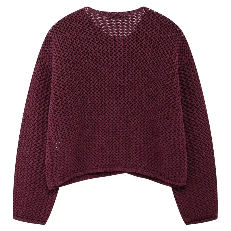 HXAO 2024 Woman Burgundy Crochet Cardigan For Women Autumn Cropped Knit Outerwears Loose O-Neck Long Sleeve Top Women Knitwears