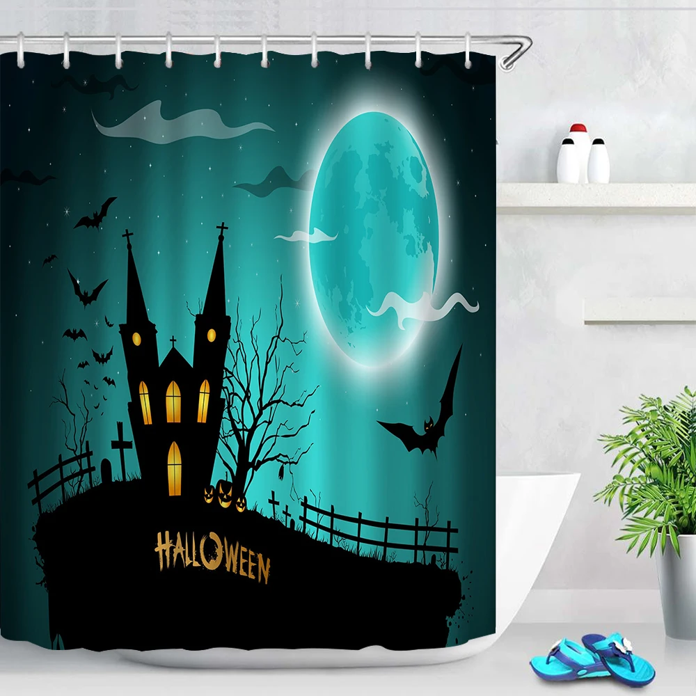 Halloween Series Shower Curtain Cartoon Horror Castle Bat Giant Moon Children's Bathroom Bathroom Screen Banheiro Cortina Ducha