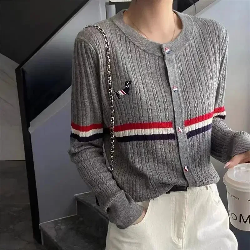 New Autumn Winter Cardigan Women Twist Knitted Long Sleeve Single Breasted Puppy Embroidery Slim Stripe Outwear Fashion Knitwear