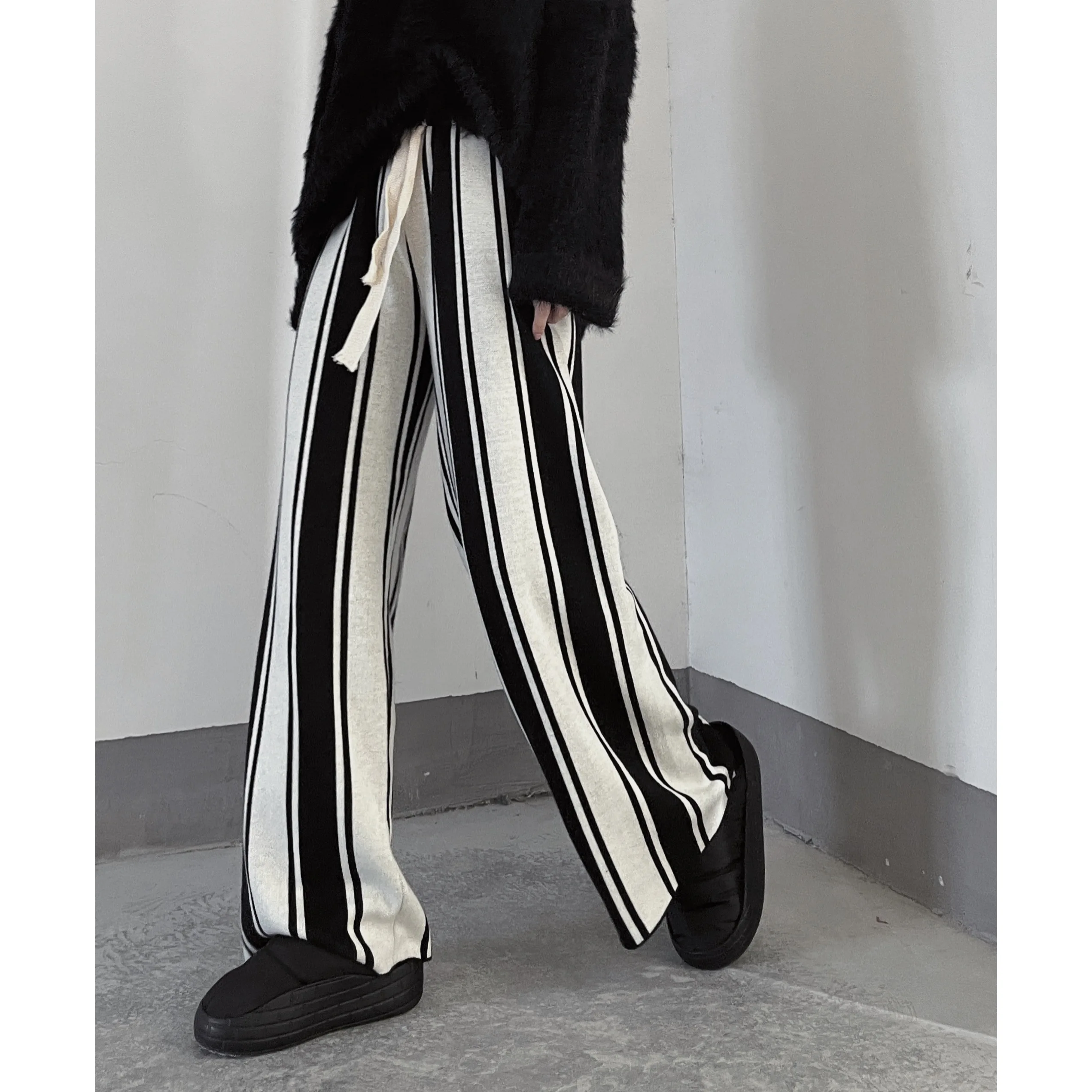 

Idle Style All-Match Striped Drawstring Knitted Trousers Wide-Leg Pants Women's Autumn/Winter Slimming Casual Straight Trousers