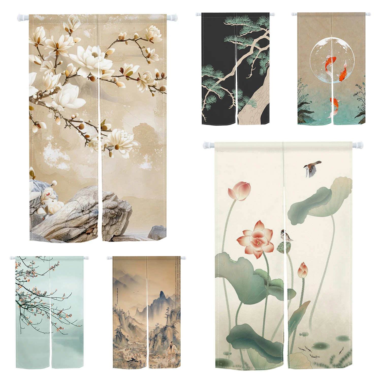 Chinese Landscape Koi Lotus Door Curtain Noren Restaurant Kitchen Japanese Room Partition Room Entrance Feng Shui Half-Curtain