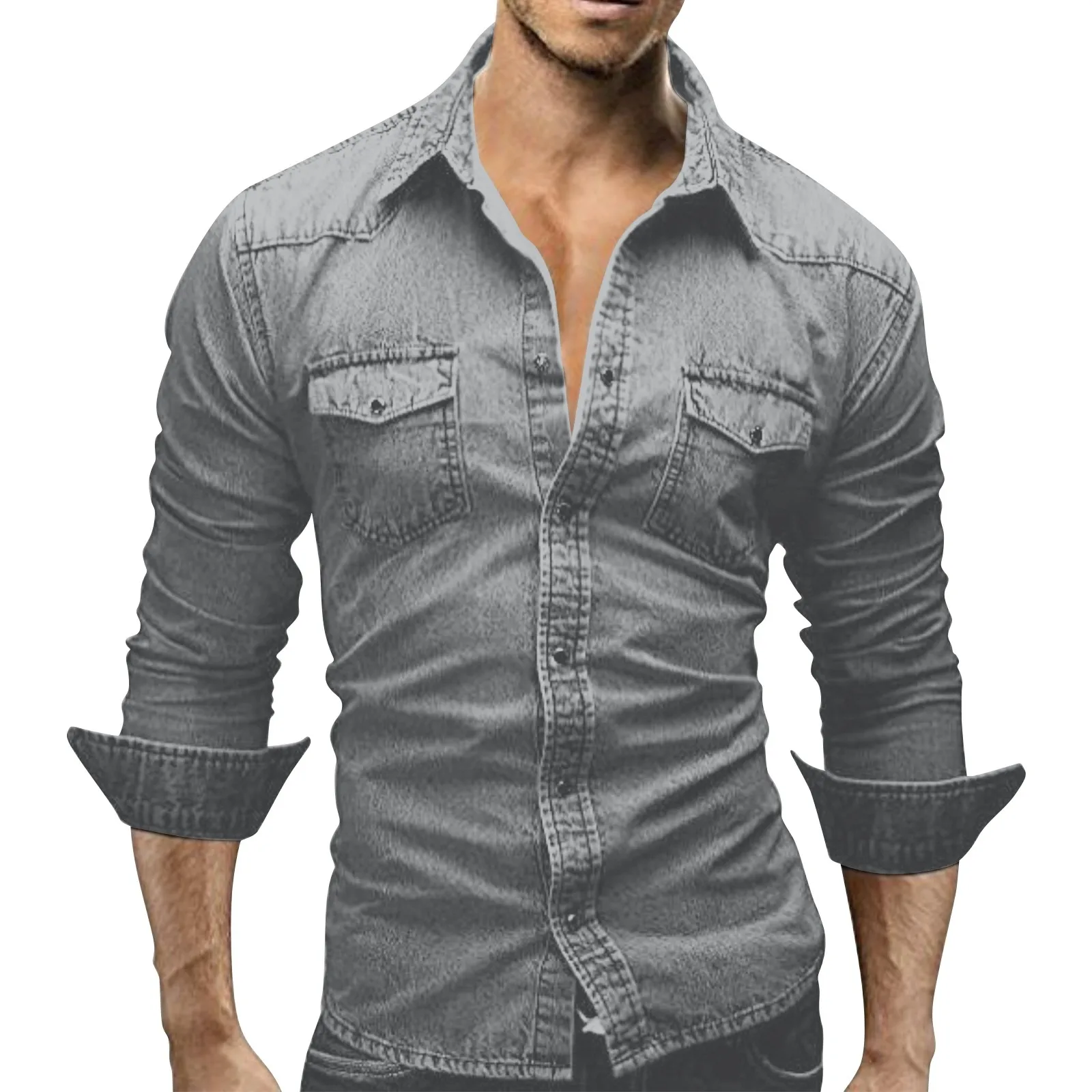 Men\'S Autumn Fashion Clothing Casual Fashion Long Sleeve Lapel Shirts Solid Color Denim Washed Shirt Men\'S Tops